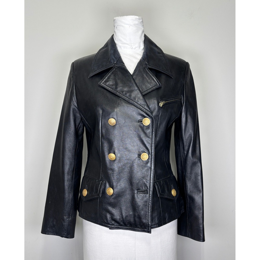 Black Leather Double Breasted Military Jacket Gold Crest Buttons Blazer